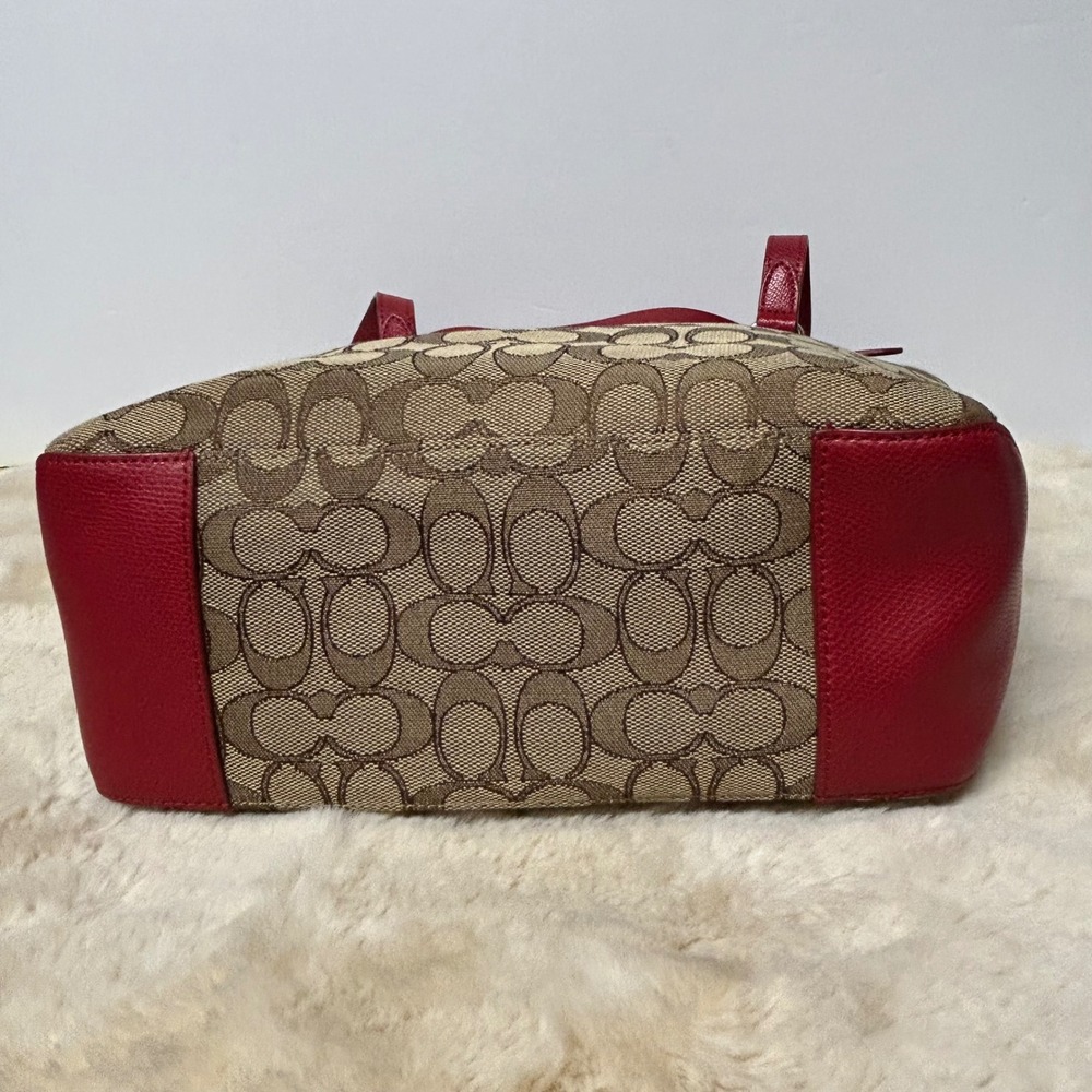 Coach Signature Gallery Tote Khaki Red Leather Trim Canvas Shoulder Bag F55364 - Picture 7 of 15